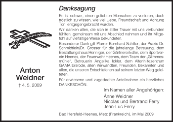 Traueranzeige von Anton Weidner von HERSFELDER ZEITUNG