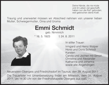 Traueranzeige von Emmi Schmidt von HERSFELDER ZEITUNG