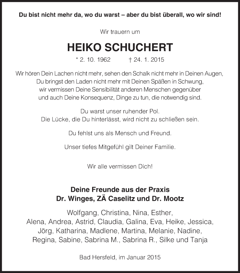  Traueranzeige für Heiko Schuchert vom 31.01.2015 aus Hersfeld