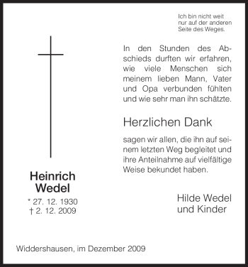 Traueranzeige von Heinrich Wedel von HERSFELDER ZEITUNG