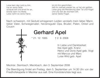 Traueranzeige von Gerhard Apel von HERSFELDER ZEITUNG