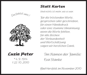 Traueranzeige von Luzia Peter von HERSFELDER ZEITUNG