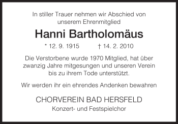 Traueranzeige von Hanni Bartholomäus von HERSFELDER ZEITUNG