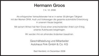 Traueranzeige von Hermann Groos von HERSFELDER ZEITUNG