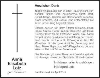 Traueranzeige von Anna Elisabeth Lotz von HERSFELDER ZEITUNG