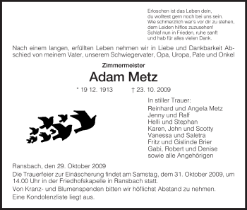 Traueranzeige von Adam Metz von HERSFELDER ZEITUNG