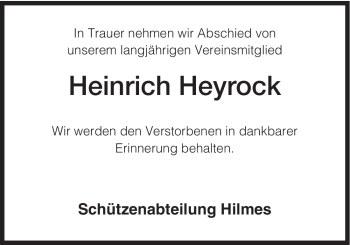 Traueranzeige von Heinrich Heyrock von HERSFELDER ZEITUNG