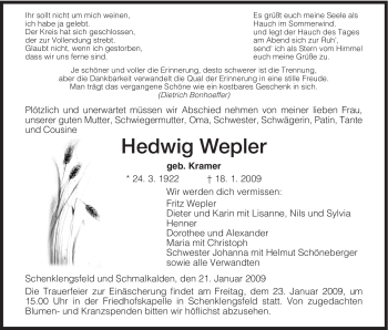 Traueranzeige von Hedwig Weppler von HERSFELDER ZEITUNG