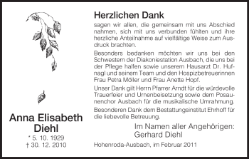Traueranzeige von Anna Elisabeth Diehl von HERSFELDER ZEITUNG