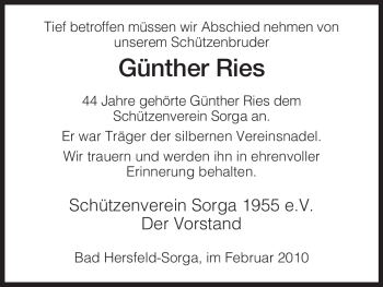 Traueranzeige von Günther Ries von HERSFELDER ZEITUNG