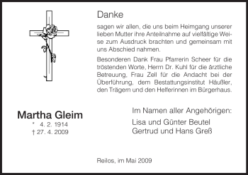 Traueranzeige von Martha Gleim von HERSFELDER ZEITUNG