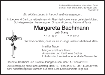 Traueranzeige von Margareta Bachmann von HERSFELDER ZEITUNG