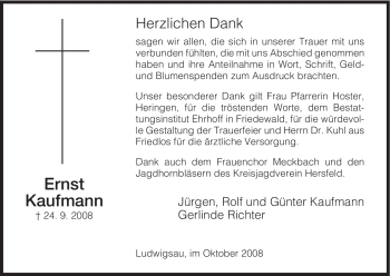 Traueranzeige von Ernst Kaufmann von HERSFELDER ZEITUNG