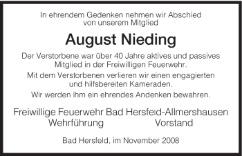 Traueranzeige von August Nieding von HERSFELDER ZEITUNG