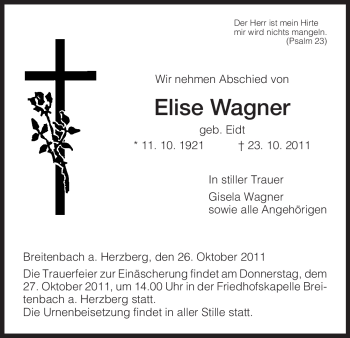 Traueranzeige von Elise Wagner von HERSFELDER ZEITUNG