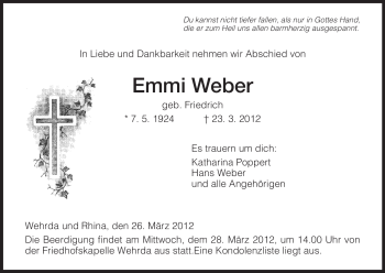 Traueranzeige von Emmi Weber von HERSFELDER ZEITUNG