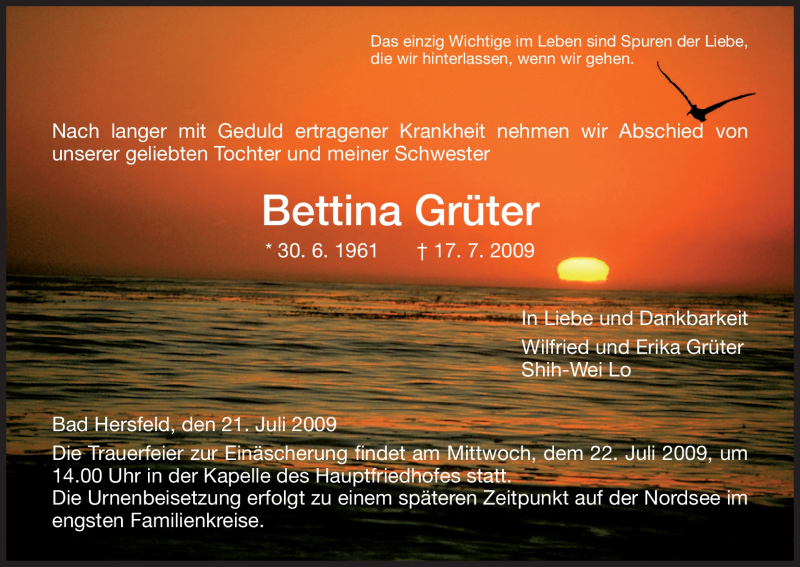 Todesanzeige von  Bettina Grüter