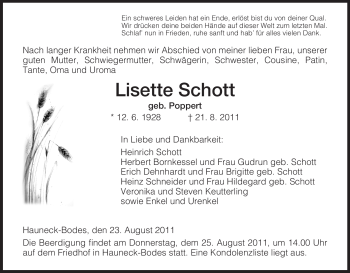 Traueranzeige von Lisette Schott von HERSFELDER ZEITUNG