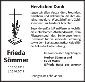 Traueranzeige von Frieda Sömmer von HERSFELDER ZEITUNG