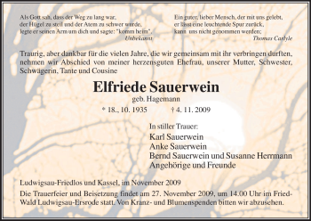 Traueranzeige von Elfriede Sauerwein von HERSFELDER ZEITUNG