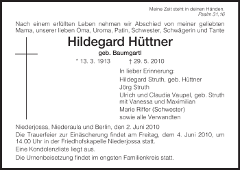 Traueranzeige von Hildegard Hüttner von HERSFELDER ZEITUNG