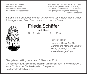 Traueranzeige von Frieda Schäfer von HERSFELDER ZEITUNG