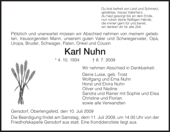 Traueranzeige von Karl Nuhn von HERSFELDER ZEITUNG