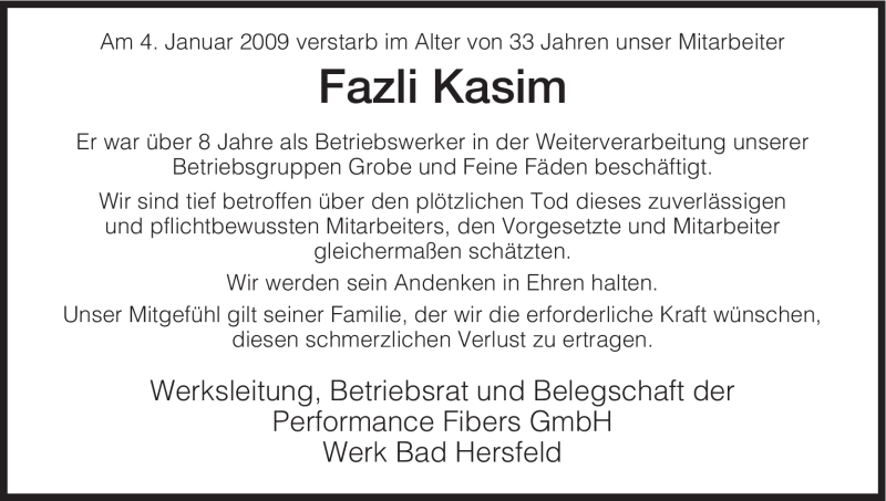  Traueranzeige für Fazli Kasim vom 07.01.2009 aus HERSFELDER ZEITUNG
