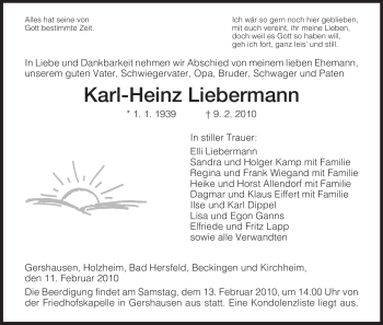 Traueranzeige von Karl-Heinz Liebermann von HERSFELDER ZEITUNG