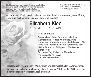 Traueranzeige von Elisabeth Klee von HERSFELDER ZEITUNG
