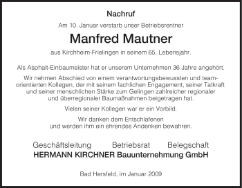 Traueranzeige von Manfred Mautner von HERSFELDER ZEITUNG
