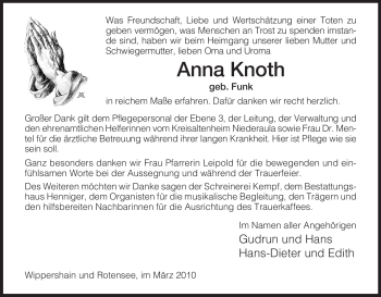 Traueranzeige von Anna Knoth von HERSFELDER ZEITUNG