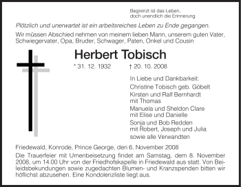 Traueranzeige von Herbert Tobisch von HERSFELDER ZEITUNG