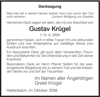 Traueranzeige von Gustav Krügel von HERSFELDER ZEITUNG