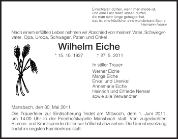 Traueranzeige von Wilhelm Eiche von HERSFELDER ZEITUNG