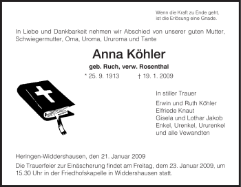 Traueranzeige von Anna Koehler von HERSFELDER ZEITUNG