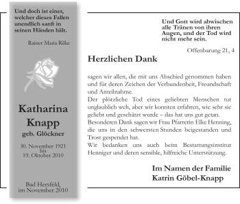 Traueranzeige von Katharina Knapp von HERSFELDER ZEITUNG