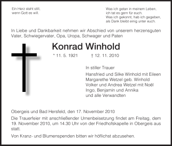 Traueranzeige von Konrad Winhold von HERSFELDER ZEITUNG