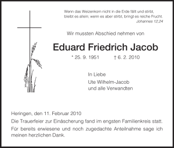 Traueranzeige von Eduard Friedrich Jacob von HERSFELDER ZEITUNG