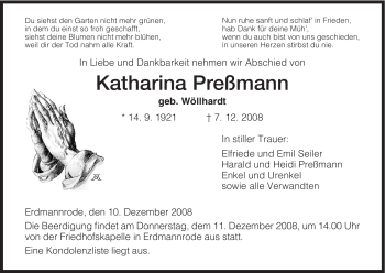 Traueranzeige von Katharina Preßmann von HERSFELDER ZEITUNG