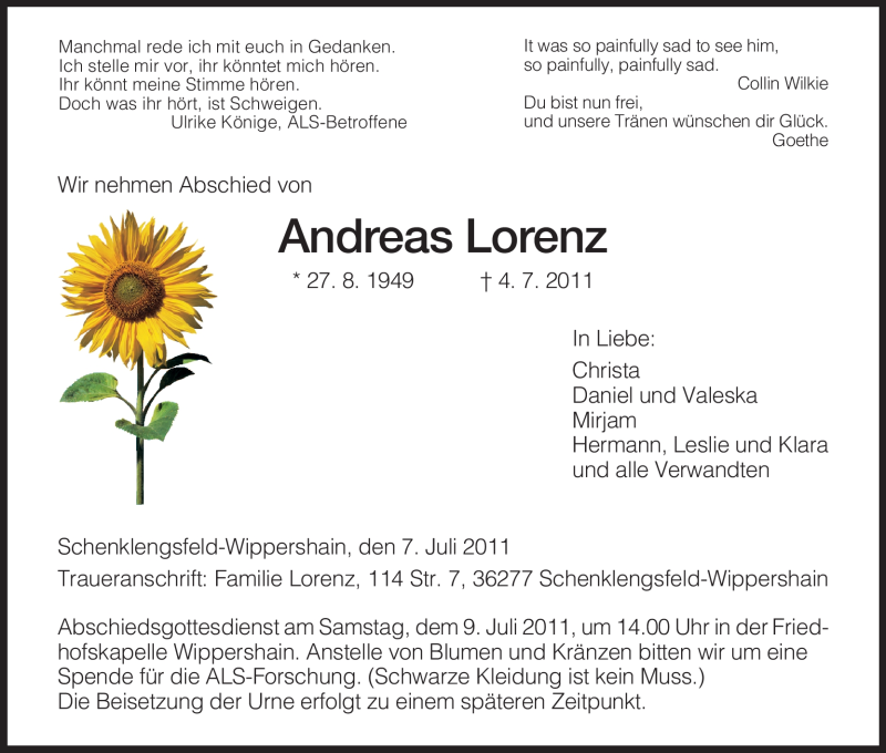 Traueranzeige für Andreas Lorenz vom 07.07.2011 aus HERSFELDER ZEITUNG