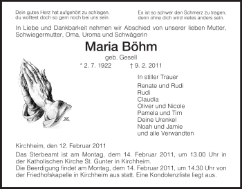 Traueranzeige von Maria Böhm von HERSFELDER ZEITUNG