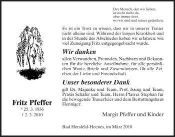 Traueranzeige von Fritz Pfeffer von HERSFELDER ZEITUNG