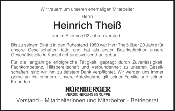 Traueranzeige von Heinrich Theiß von HERSFELDER ZEITUNG