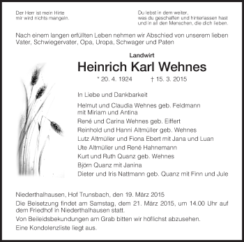 Traueranzeige von Heinrich Karl Wehnes von Hersfeld