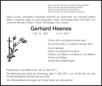 Traueranzeige von Gerhard Heenes von HERSFELDER ZEITUNG