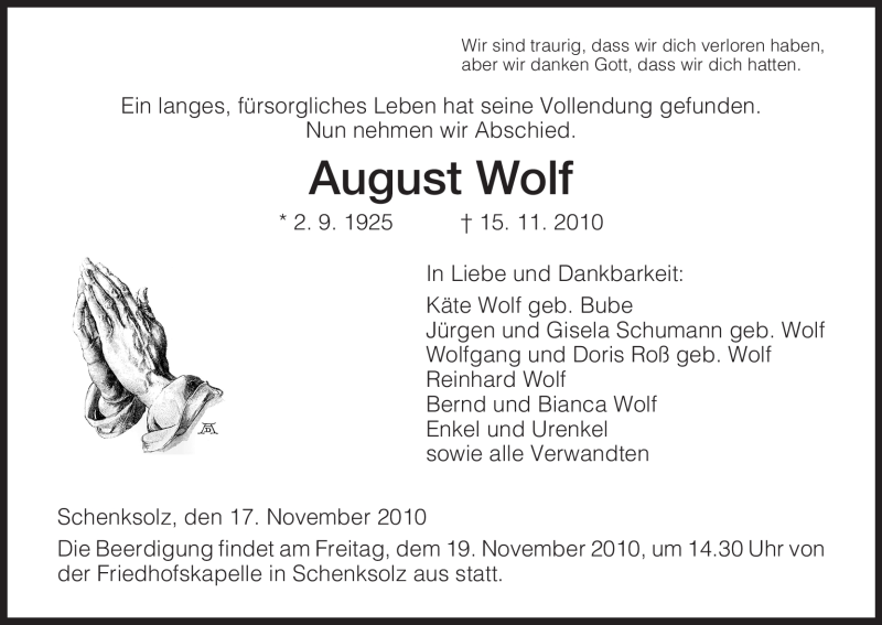  Traueranzeige für August Wolf vom 17.11.2010 aus HERSFELDER ZEITUNG