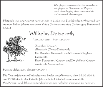 Traueranzeige von Wilhelm Deiseroth von HERSFELDER ZEITUNG