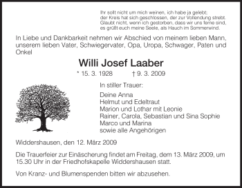 Traueranzeige von Willi Josef Laaber von HERSFELDER ZEITUNG