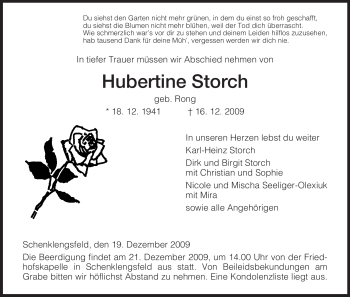 Traueranzeige von Hubertine Storch von HERSFELDER ZEITUNG